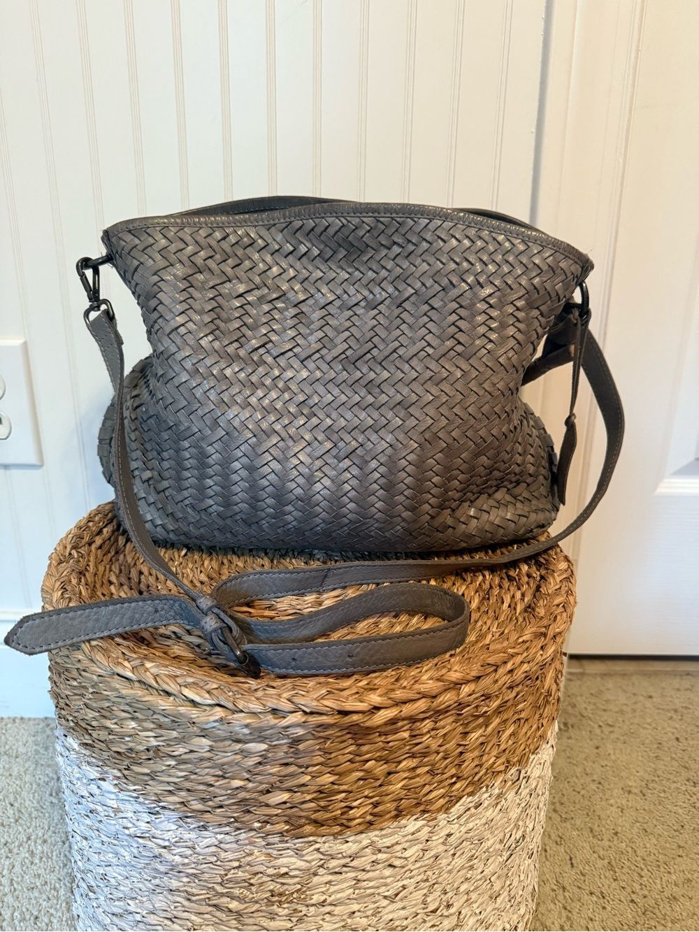 Italian Leather Woven Crossbody Bag in Gray - Estate of Jack and Marilyn Kehoe